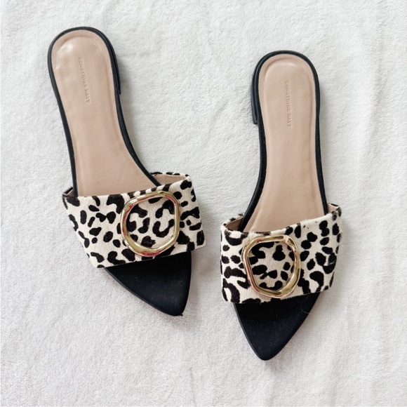 Something Navy Shoes - Something Navy Leopard Print Slide Sandals Gold Buckle Pointed Toe Mules Size 8